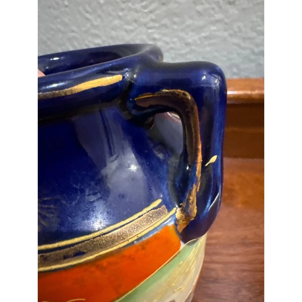 Vintage Japanese Vase Cobalt Blue Orange Landscape Scene Gold Trim Handles 6.75